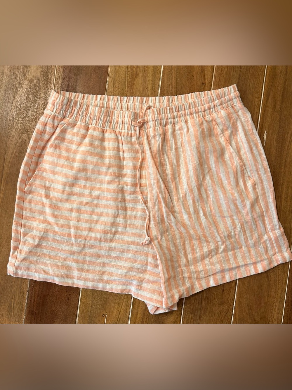 Gianni Bini Peach White Striped Linen Blend Drawstring Shorts Medium GB6905YDSI